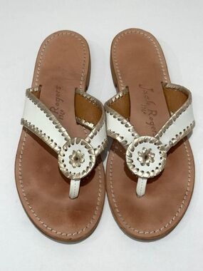 Jack Rogers Navajo Thong Sandals Women's 8M White Platinum Leather Whipstitch
